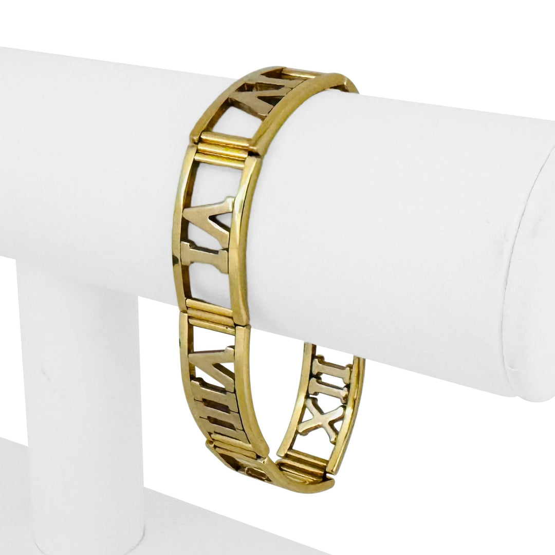 14k Yellow and White Gold 22.6g Roman Numeral Panel Link Bracelet Italy 7.25"