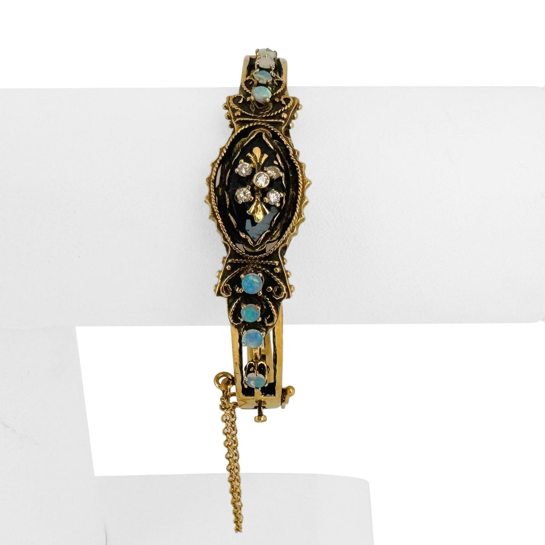14k Yellow Gold 22.3g Diamond Opal and Onyx Vintage Bangle Bracelet 6.5"