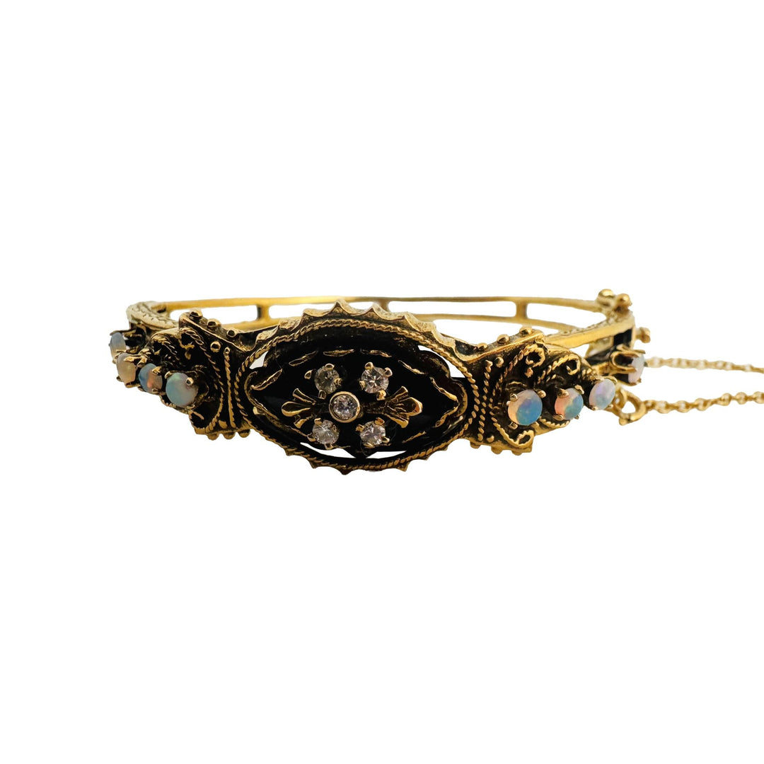 14k Yellow Gold 22.3g Diamond Opal and Onyx Vintage Bangle Bracelet 6.5"