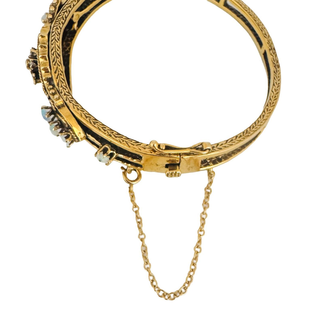 14k Yellow Gold 22.3g Diamond Opal and Onyx Vintage Bangle Bracelet 6.5"