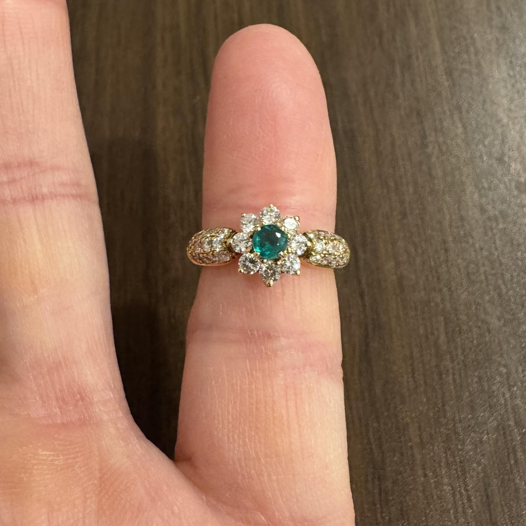 18k Yellow Gold Emerald and 0.70cttw Diamond Floral Halo Ring Size 5