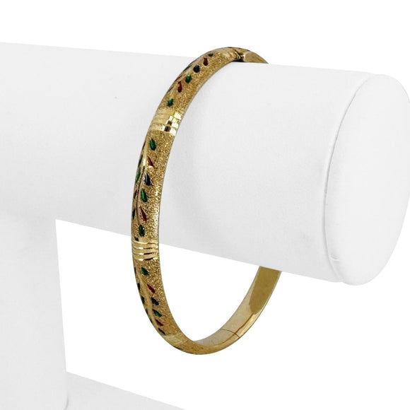 14k Yellow Gold 7.6g Textured Multi Color Glass Bangle Bracelet 7