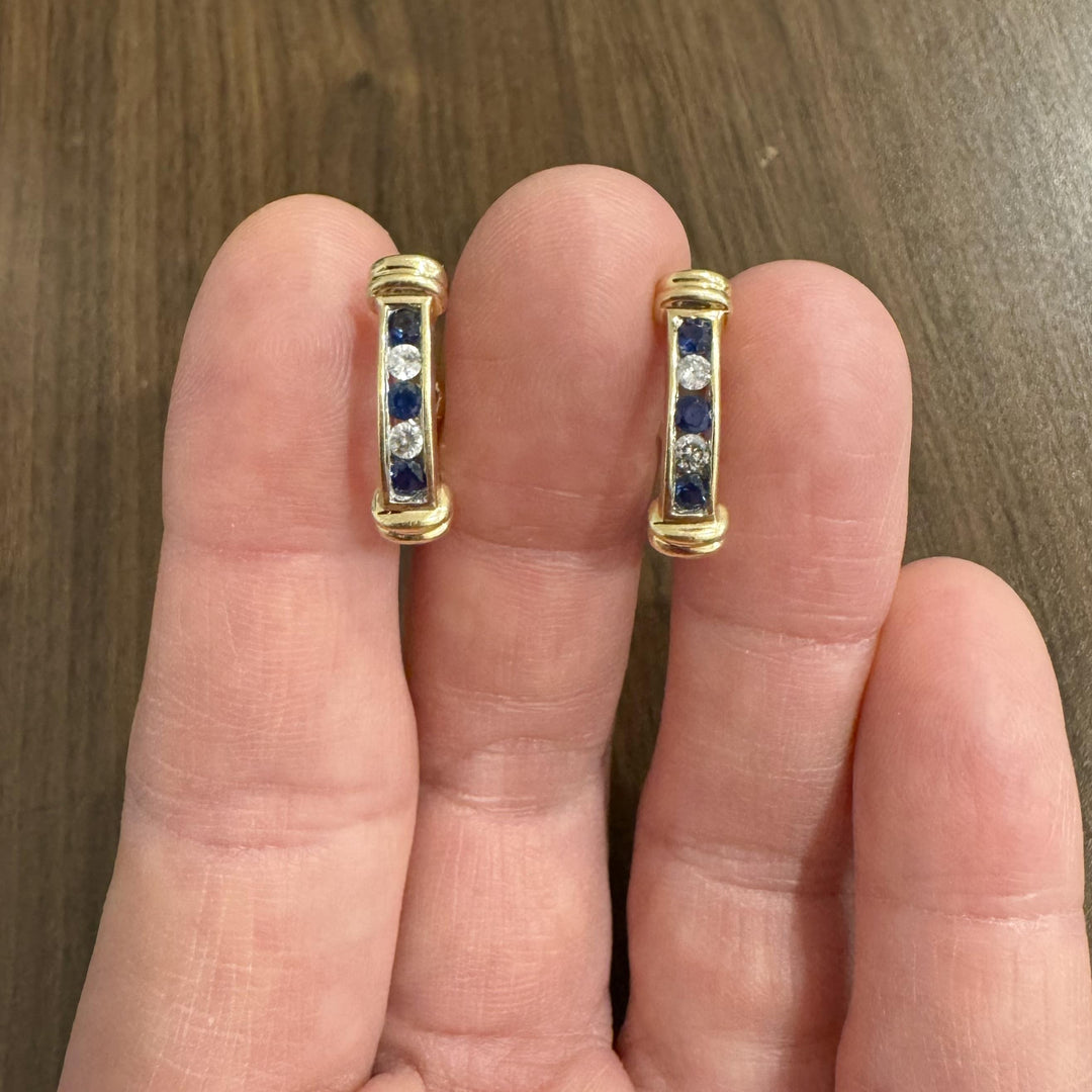 14k Yellow Gold Blue Sapphire and Diamond Vintage Hoop Earrings