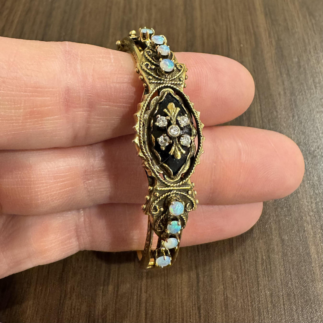 14k Yellow Gold 22.3g Diamond Opal and Onyx Vintage Bangle Bracelet 6.5"