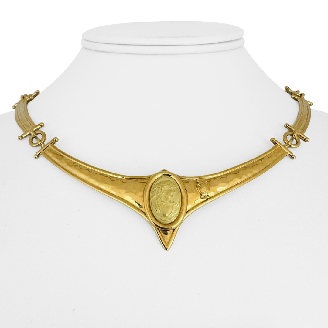 18k Yellow Gold 31.6g Ladies Hammered Cameo Bar Link Necklace Italy 16"
