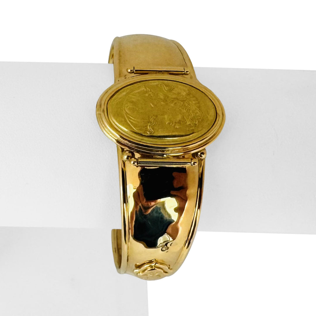 18k Yellow Gold 23.5g Hammered Ladies Cameo Cuff Bracelet Italy 6.5"