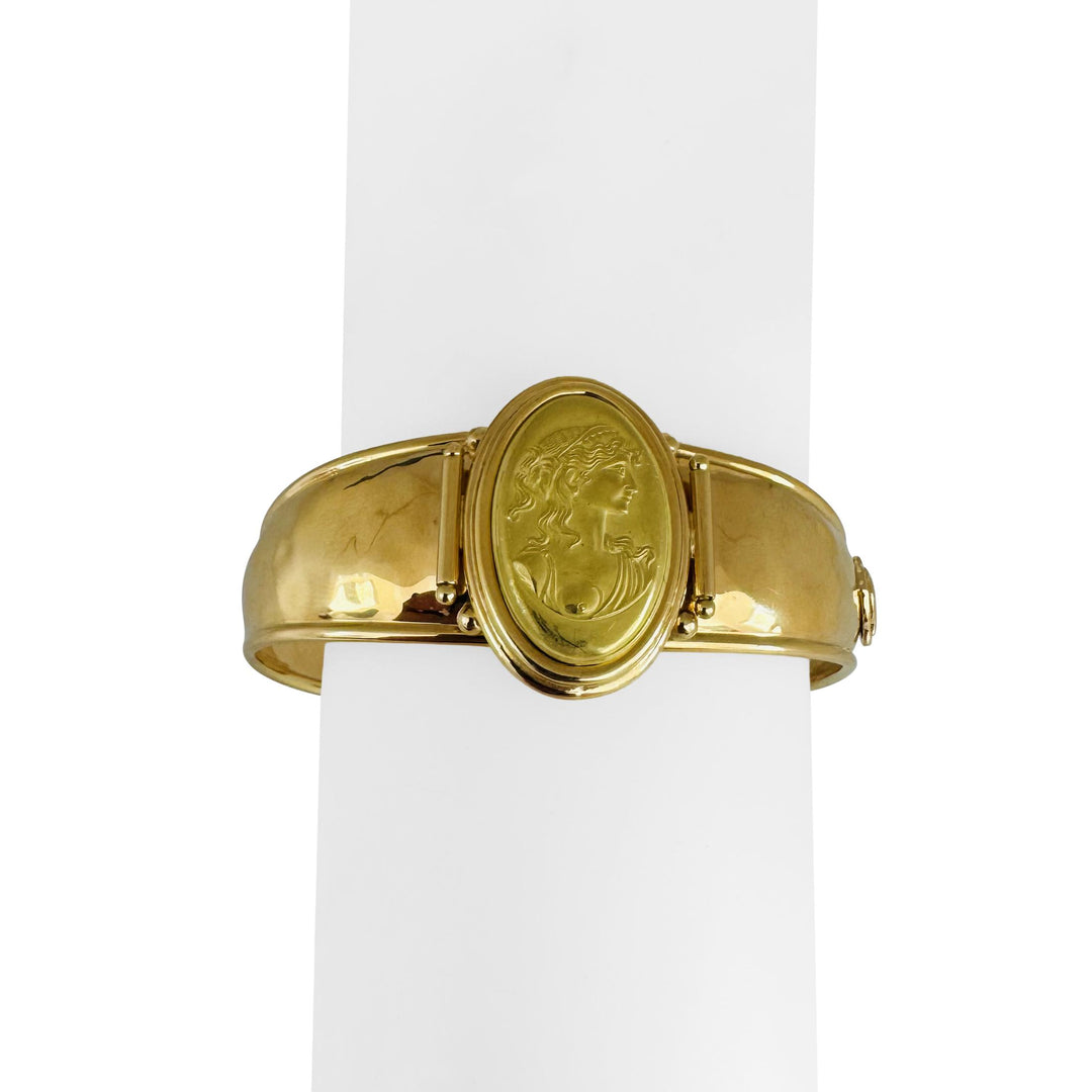 18k Yellow Gold 23.5g Hammered Ladies Cameo Cuff Bracelet Italy 6.5"