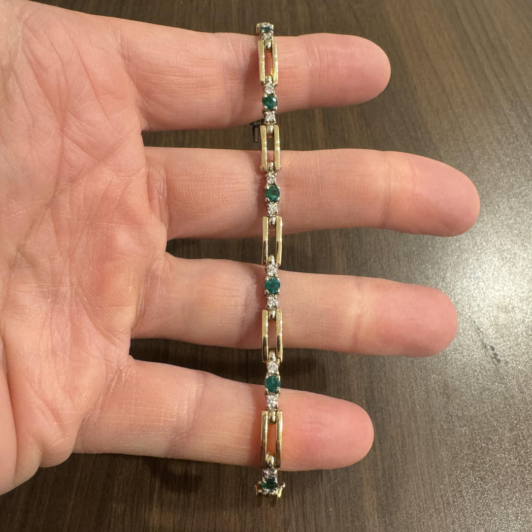 14k Yellow Gold Emerald and Diamond 17.3g Fancy Bar Link Bracelet 6.75"