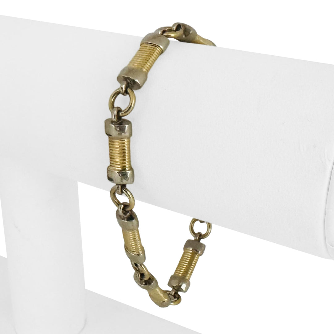 14k Yellow and White Gold 20.5g Solid 7mm Fancy Bar Link Bracelet Italy 7.5"
