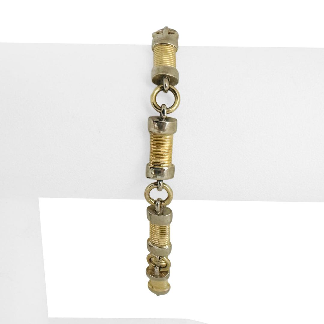 14k Yellow and White Gold 20.5g Solid 7mm Fancy Bar Link Bracelet Italy 7.5"