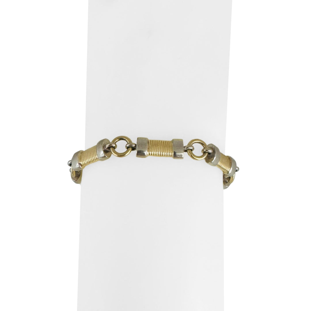 14k Yellow and White Gold 20.5g Solid 7mm Fancy Bar Link Bracelet Italy 7.5"