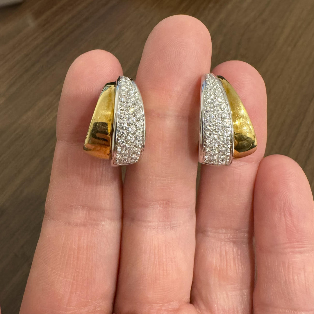 18k Yellow and White Gold 3cttw Diamond Heavy Fancy Hoop Earrings 1"