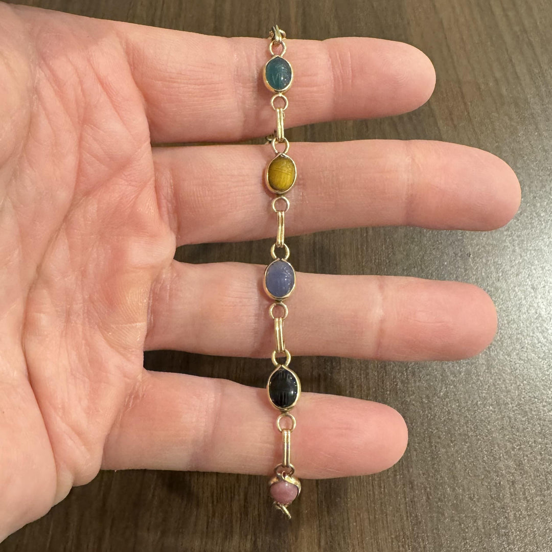 14k Yellow Gold 6.7g Ladies 7mm Multi Stone Carved Scarab Bracelet 7.5"