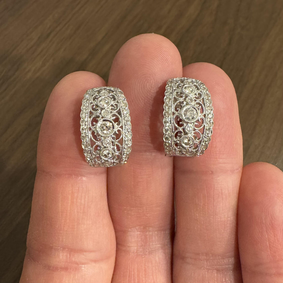 18k White Gold and 1cttw Diamond Intricate Filigree Hoop Huggie Earrings