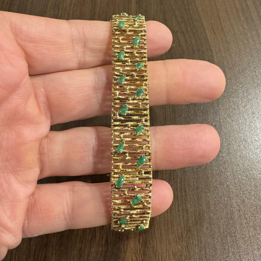 14k Yellow Gold and Cabochon Jade 28g Vintage Bar Link Bracelet 7"