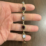 14k Yellow Gold Garnet Amethyst and Moonstone 16.2g Vintage Ladies Bracelet 7"