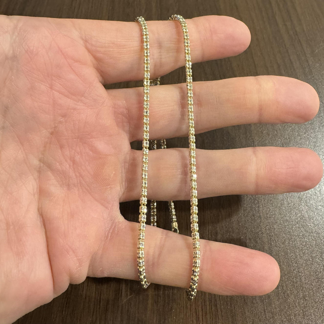 14k Yellow and White Gold 10.6g Sparkling 2.5mm Ice Barrel Link Necklace 20"