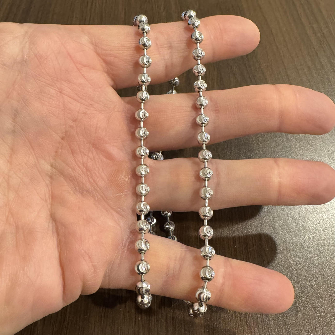14k White Gold 34.3g Solid Heavy 5mm Moon Cut Ball Bead Necklace 22"