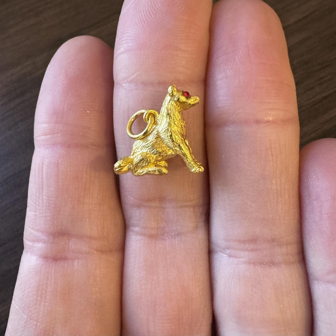 24k Pure Yellow Gold and Red Glass 5.9g Solid Heavy Dog Charm
