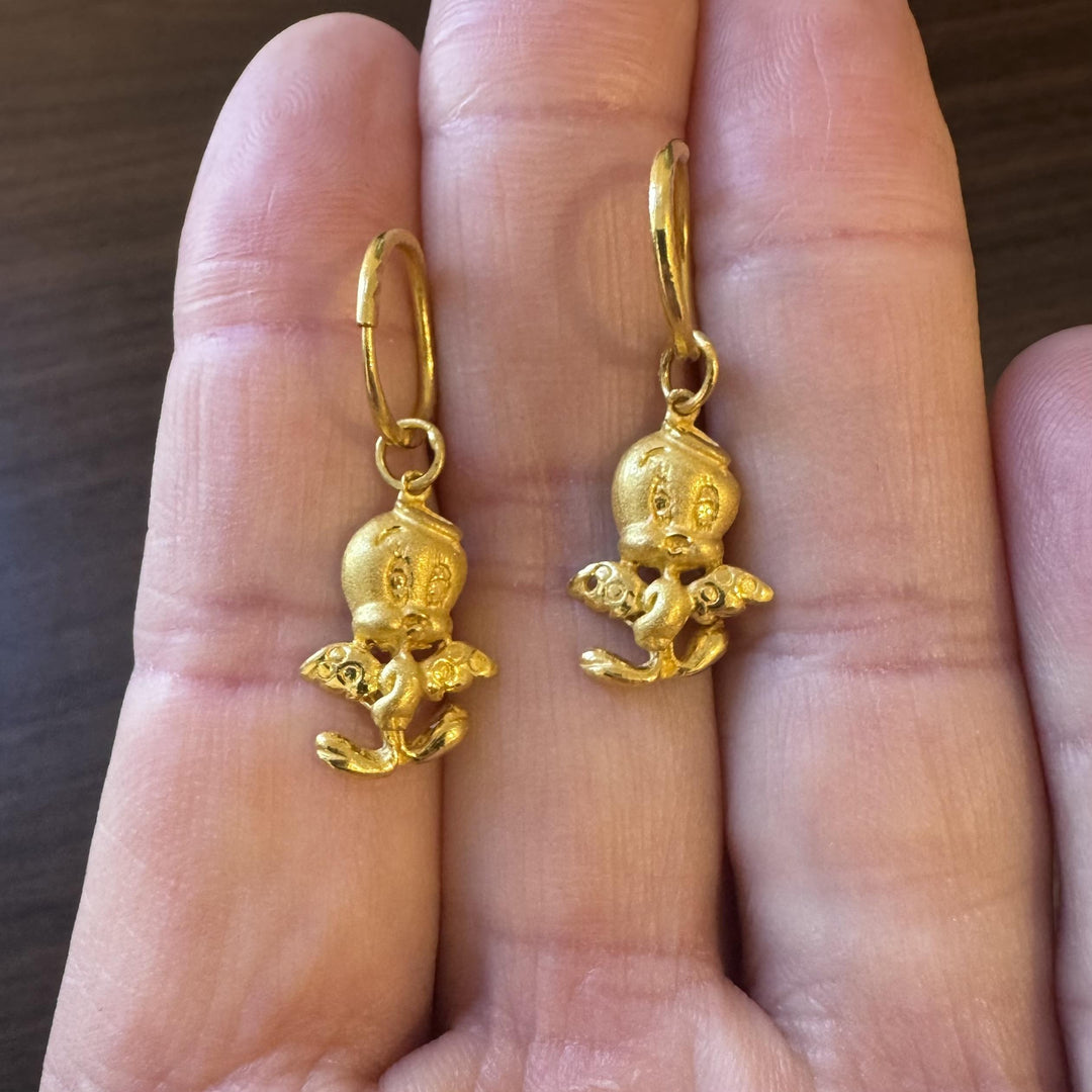 24k Pure Yellow Gold 6.6g Angel Tweety Bird Drop Dangle Earrings 1.3"