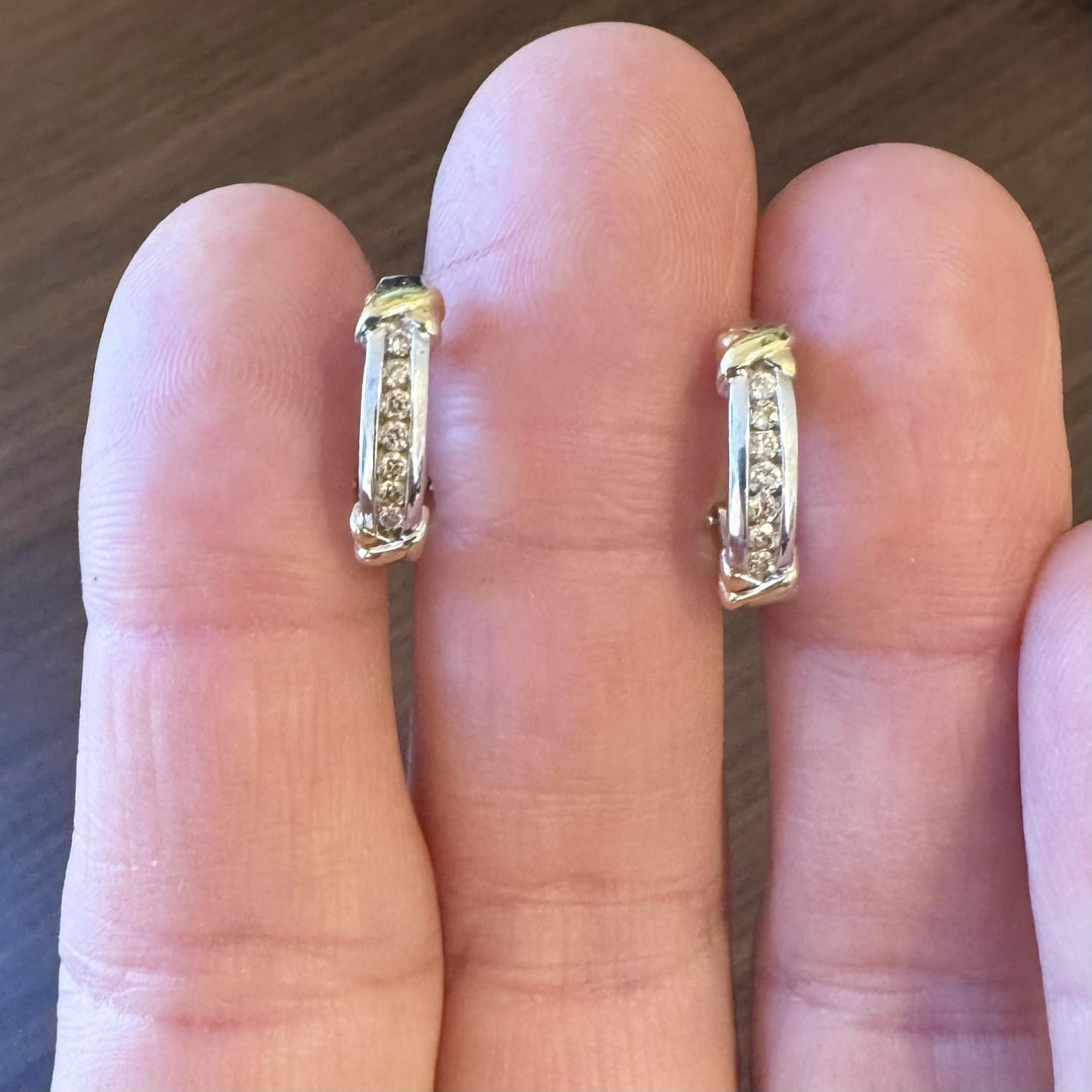 14k Yellow and White Gold Diamond Small Hoop Earrings