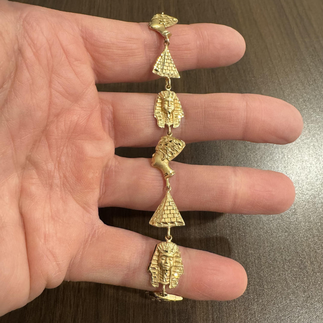14k Yellow Gold 12g Solid Diamond Cut Egyptian Charm Link Bracelet 6.75"