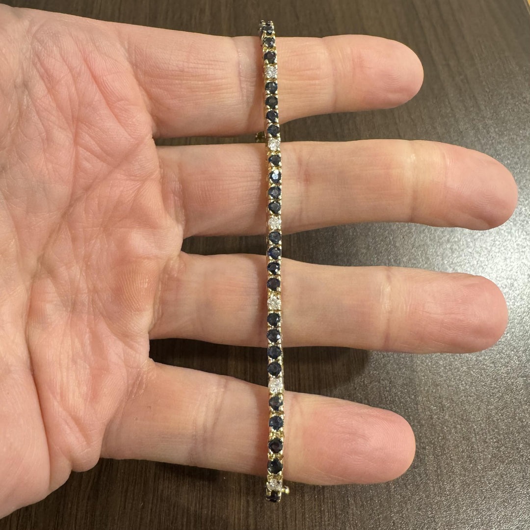 14k Yellow Gold Blue Sapphire and Diamond Vintage Tennis Bracelet 7"