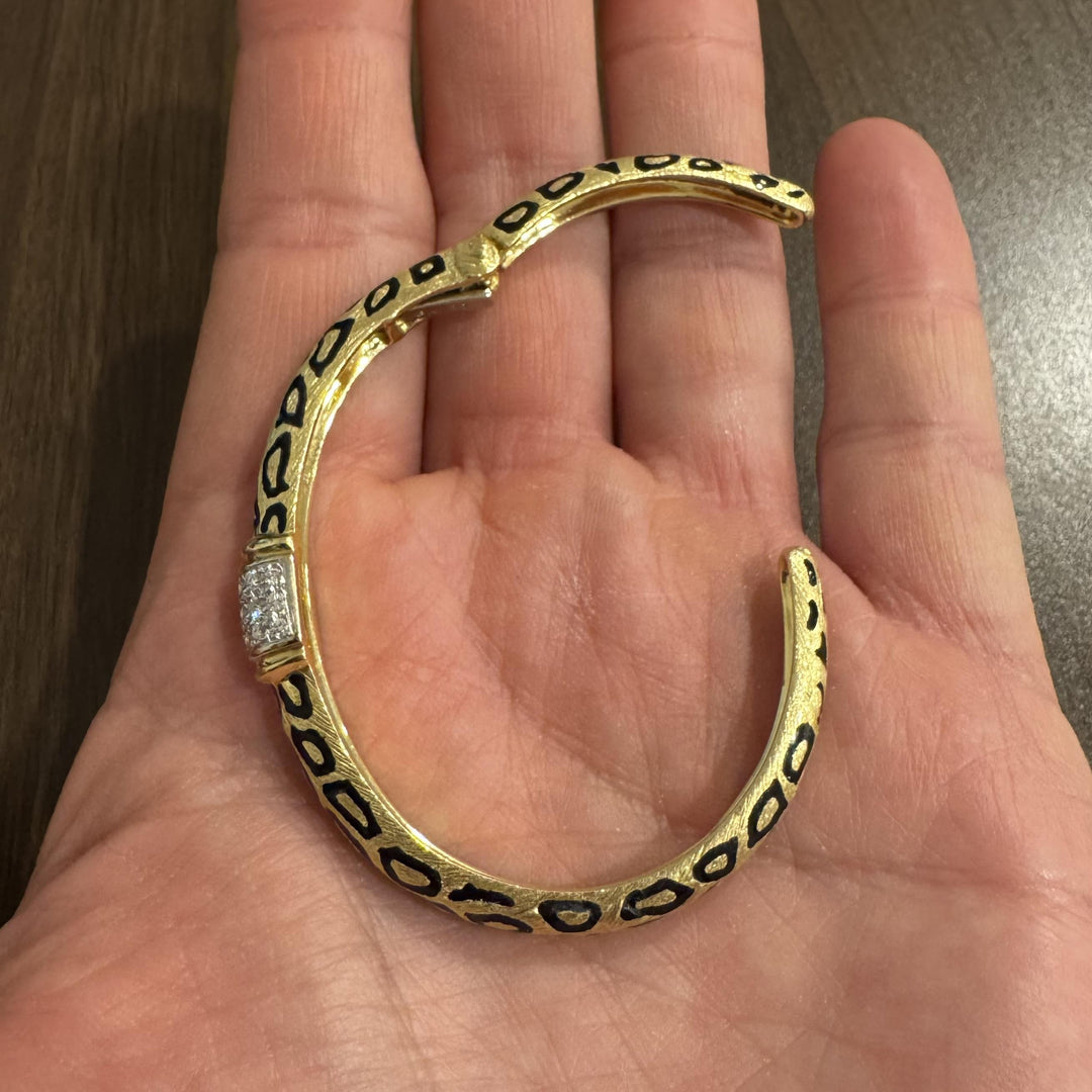 18k Yellow Gold and Diamond 32g Solid Heavy Enamel Leopard Print Cuff Bracelet