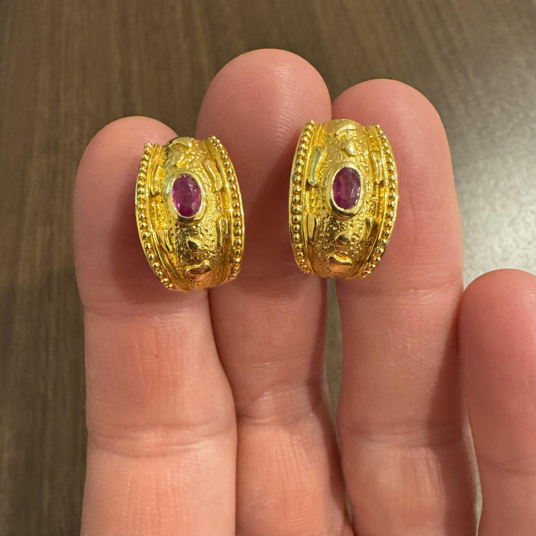 22k Yellow Gold and Ruby 13.4g Solid Vintage Huggie Earrings