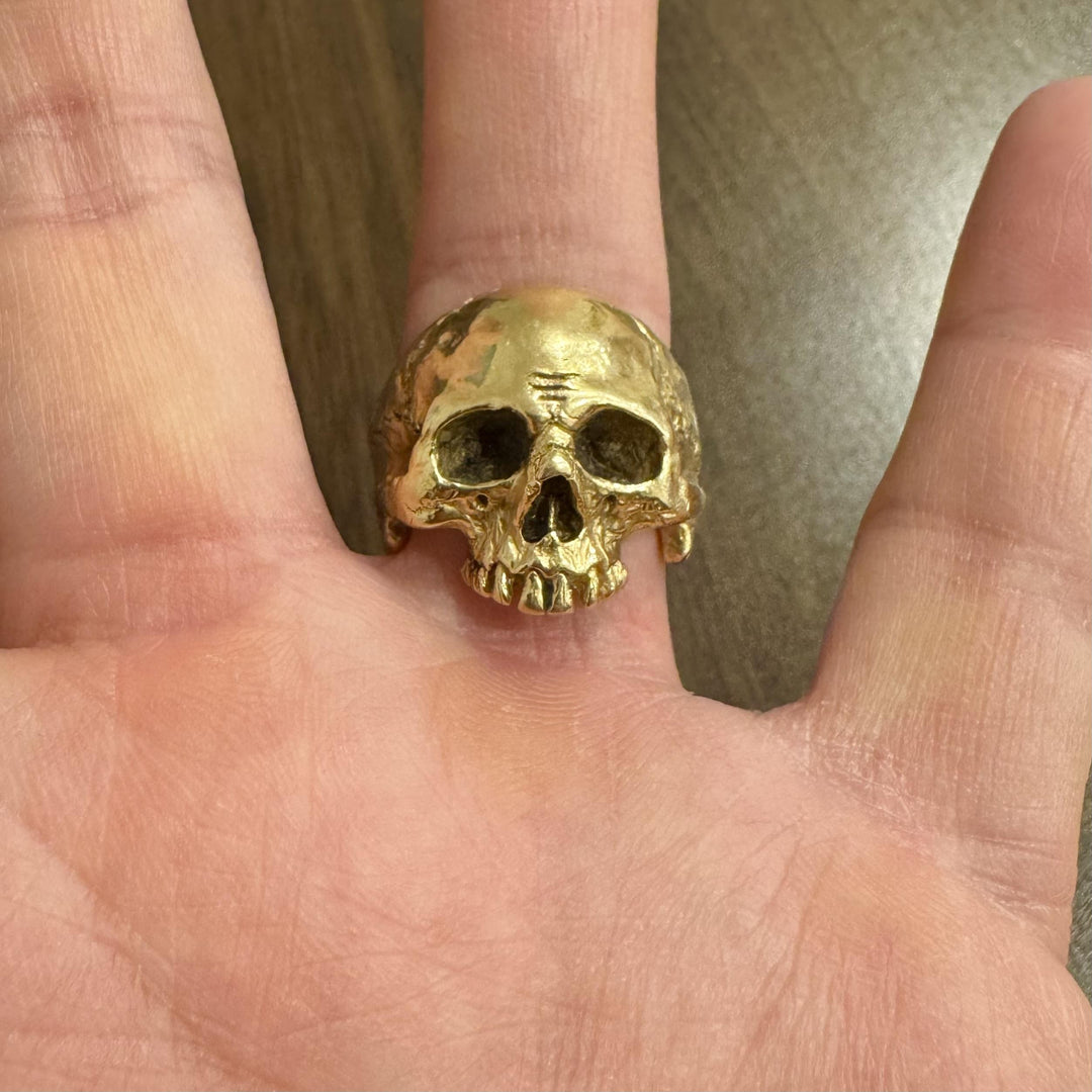 18k Yellow Gold 45.5g Solid Very Heavy Johnny Ten Rings Skull Ring Size 8.5