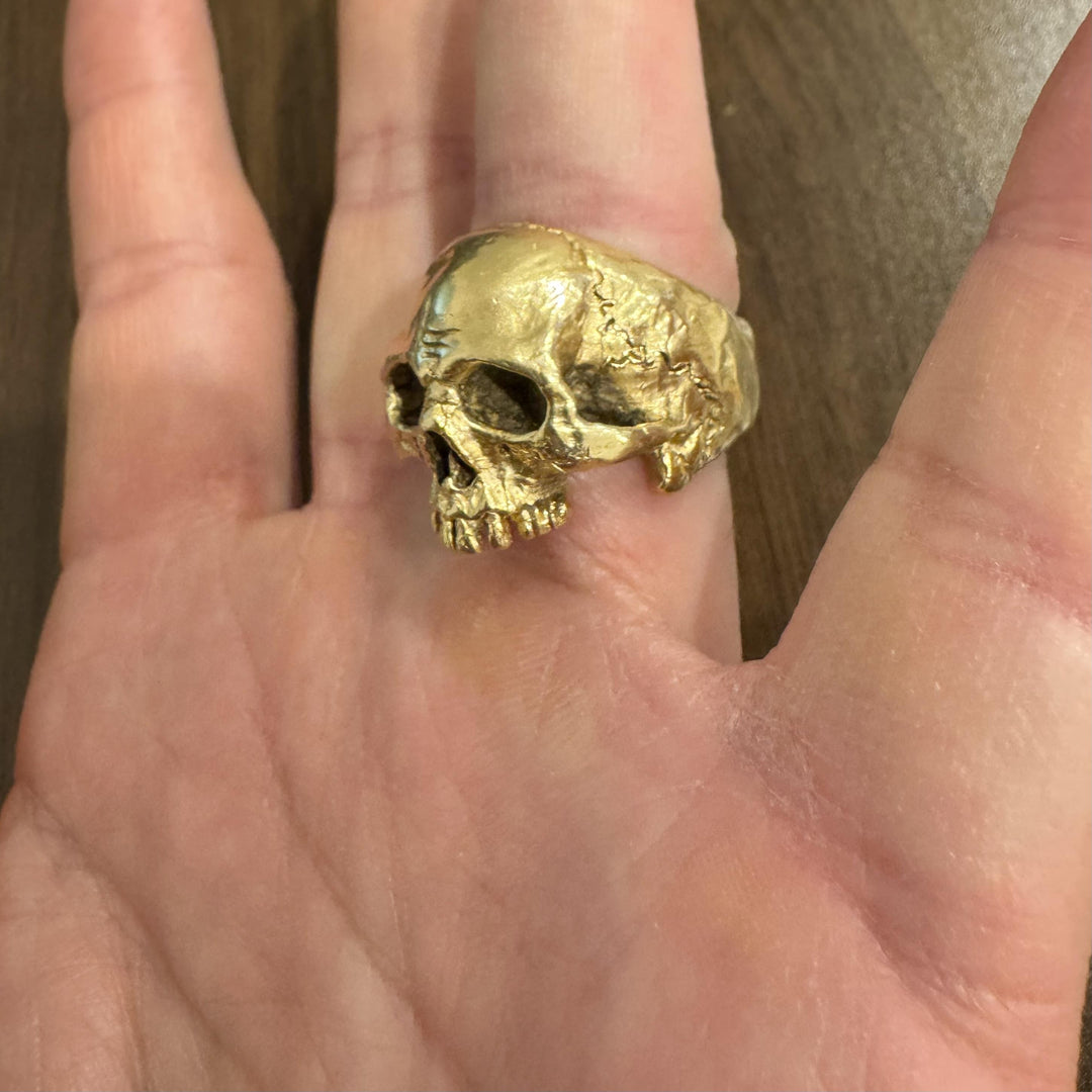 18k Yellow Gold 45.5g Solid Very Heavy Johnny Ten Rings Skull Ring Size 8.5