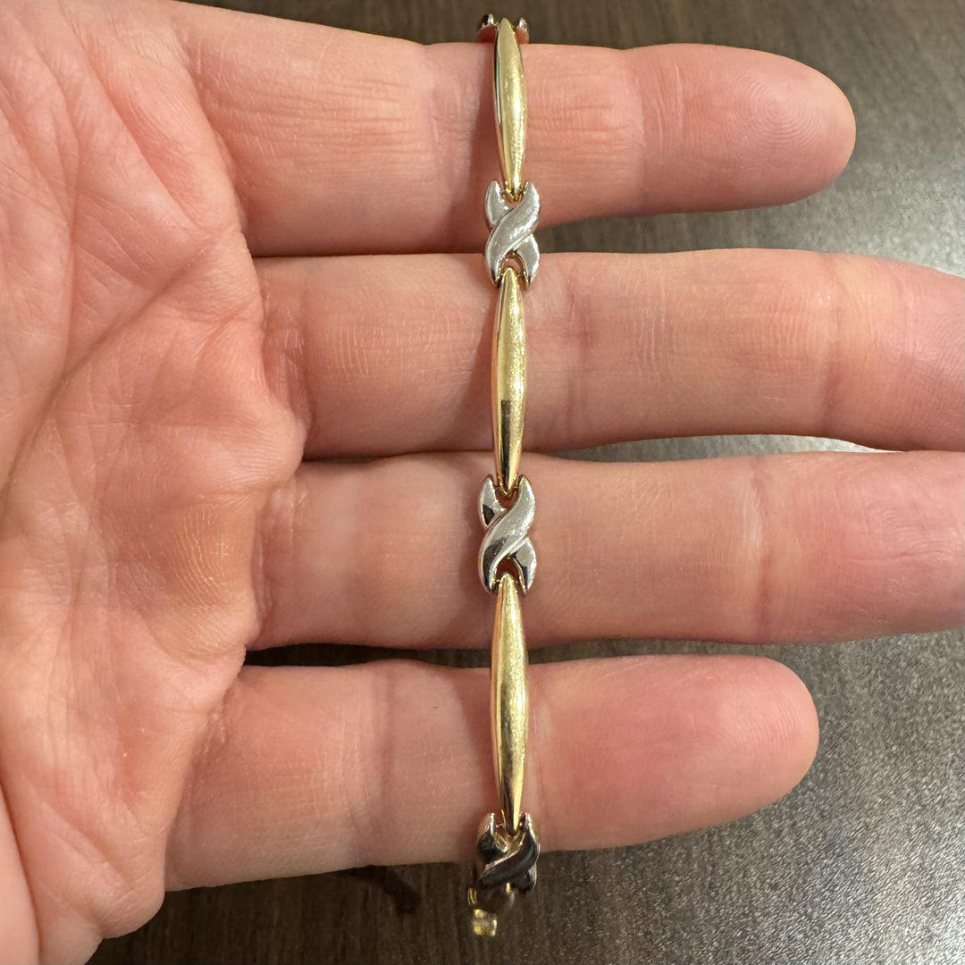 14k Yellow and White Gold 7.6g Two Tone 6mm Fancy Link Bracelet Turkey 8"