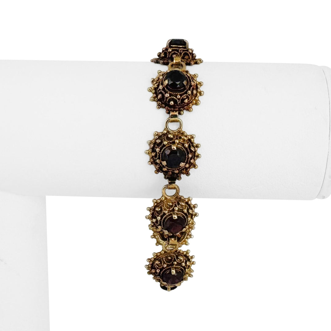 14k Yellow Gold and Red Garnet 23.7g Vintage Fancy Link Bracelet 7"