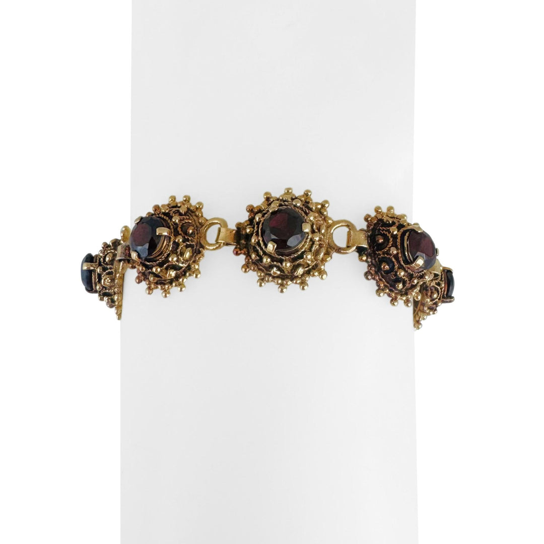 14k Yellow Gold and Red Garnet 23.7g Vintage Fancy Link Bracelet 7"
