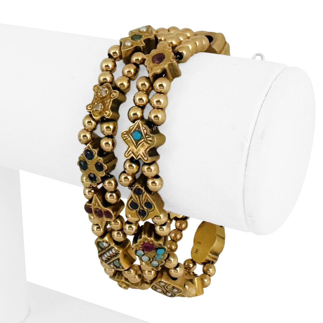 14k Yellow Gold 31g Vintage Two Strand Slide Charm Ladies Bracelet 6.75"