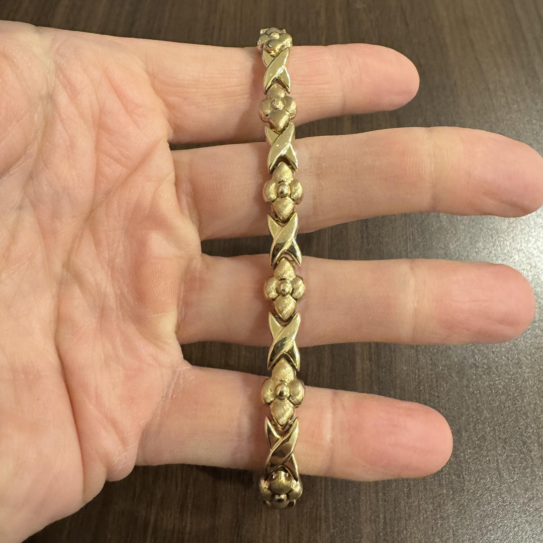 14k Yellow and White Gold 12.2g Reversible Fancy XO Link Bracelet 7.5"