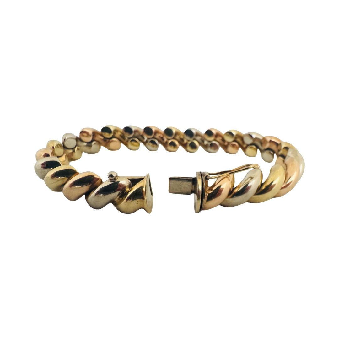 14k Yellow White and Rose Gold 29.7g San Marco Link Bracelet Italy 7.5"