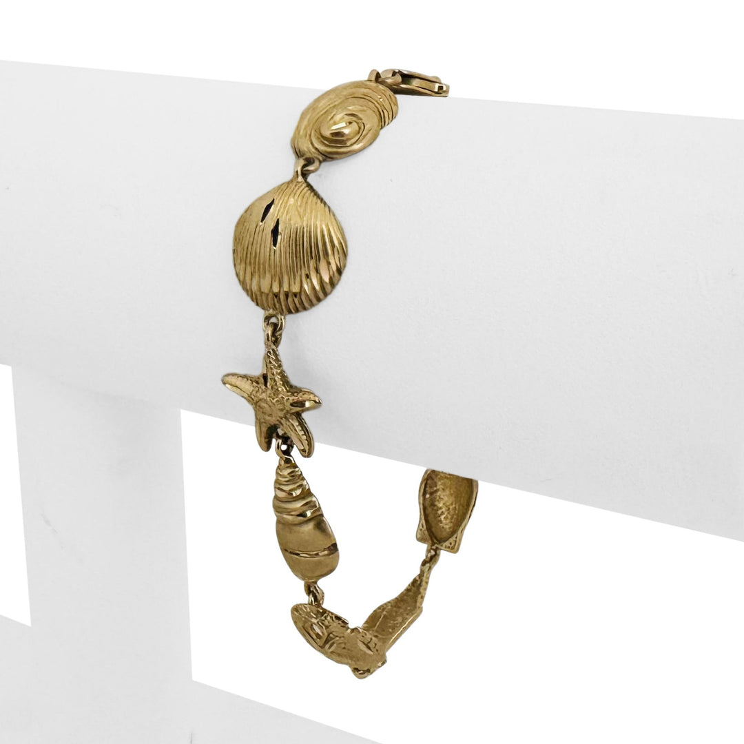 14k Yellow Gold 11g Diamond Cut Beach Ocean Charm Link Bracelet 7"