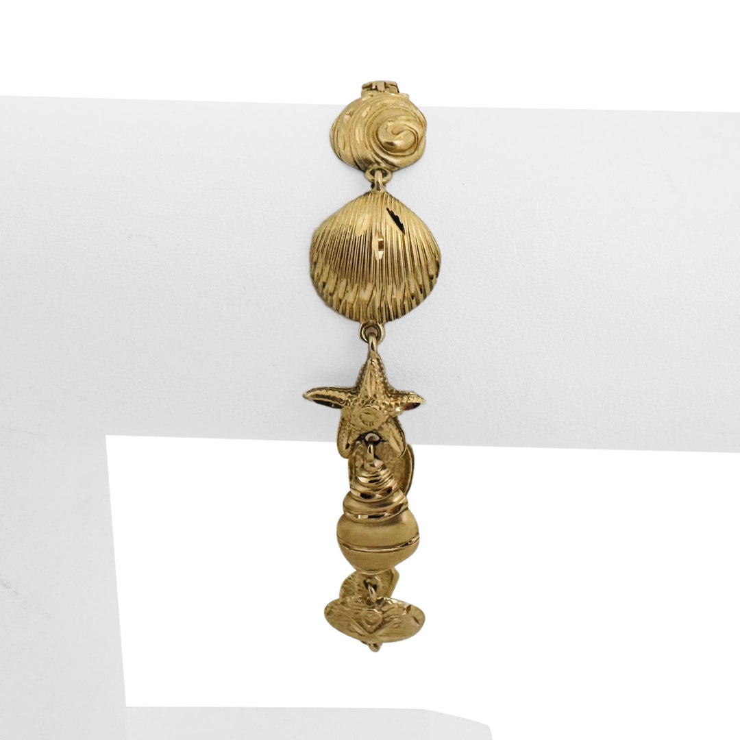 14k Yellow Gold 11g Diamond Cut Beach Ocean Charm Link Bracelet 7"