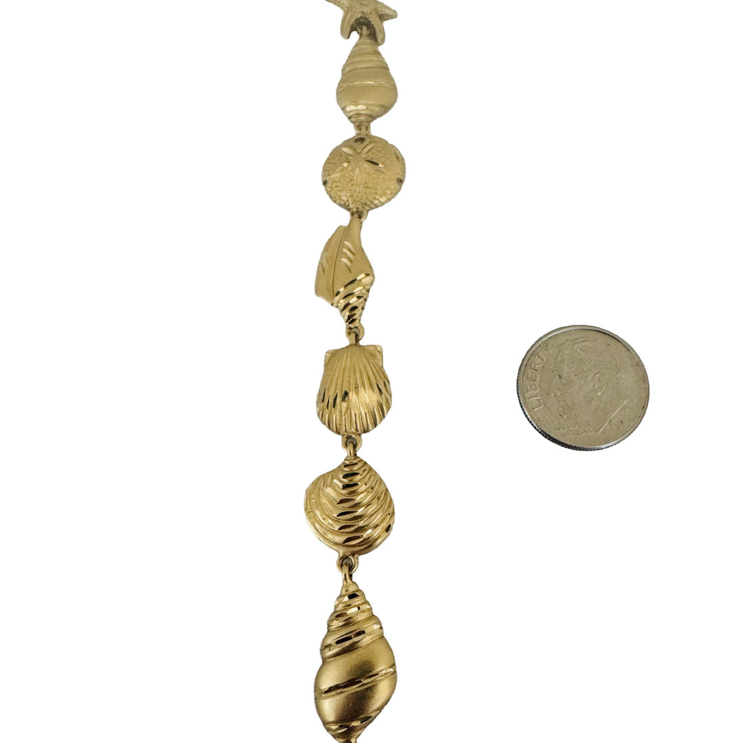 14k Yellow Gold 11g Diamond Cut Beach Ocean Charm Link Bracelet 7"