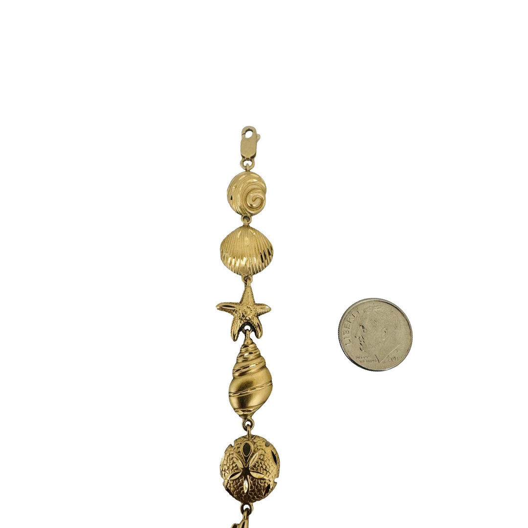 14k Yellow Gold 11g Diamond Cut Beach Ocean Charm Link Bracelet 7"