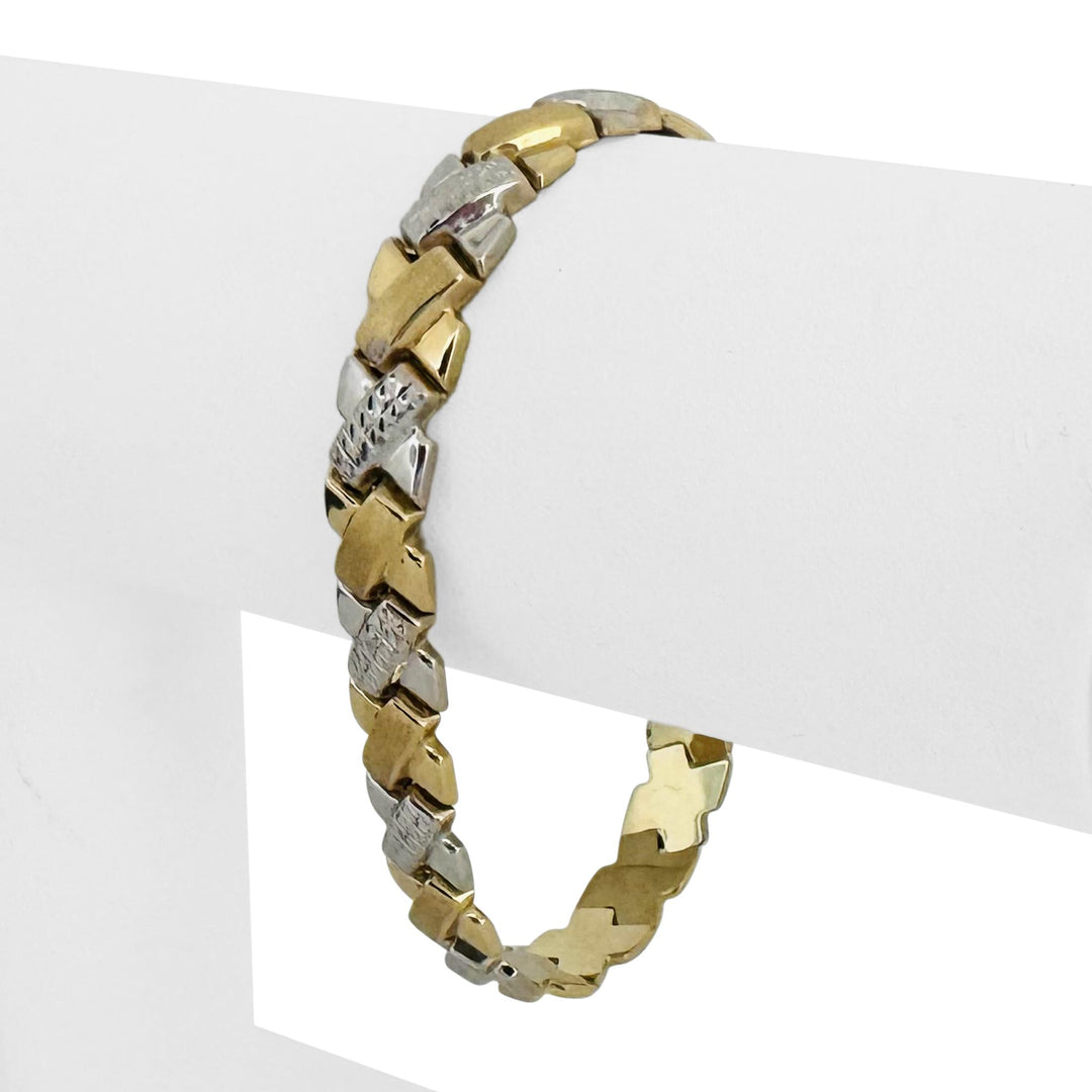 14k Yellow and White Gold 10.2g Diamond Cut X Link Bracelet 7"