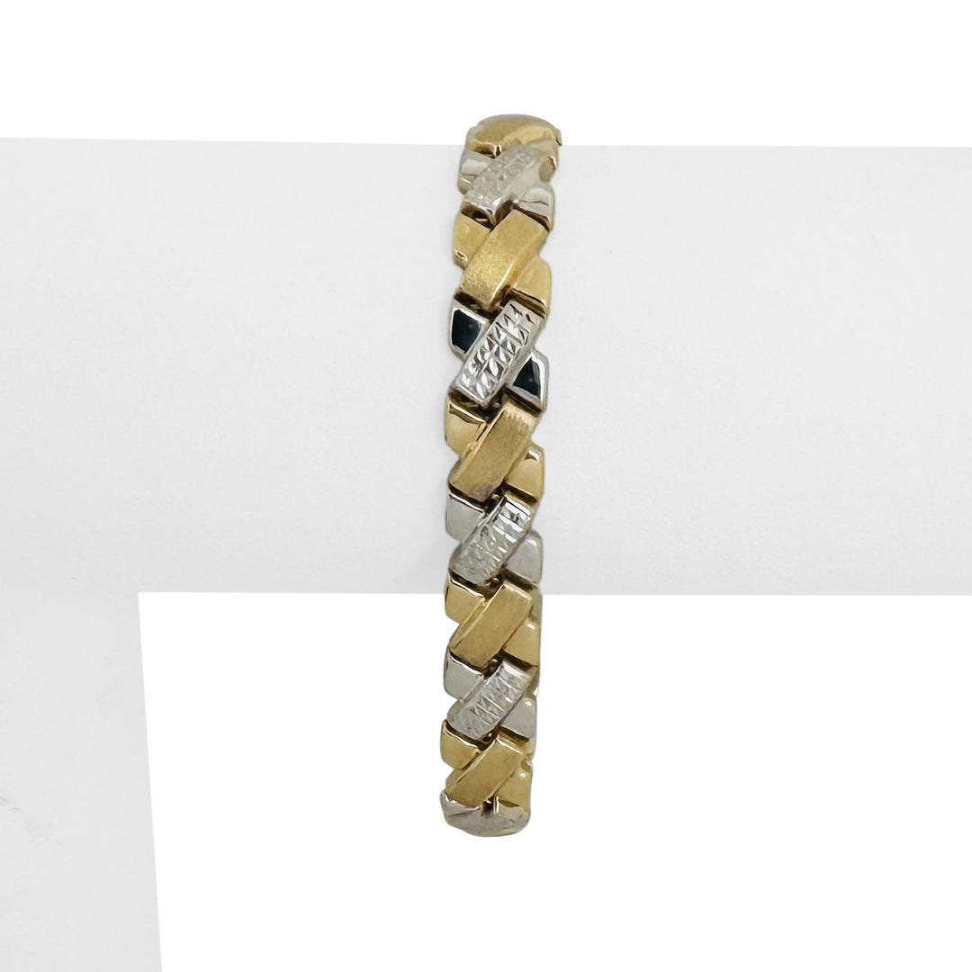 14k Yellow and White Gold 10.2g Diamond Cut X Link Bracelet 7"