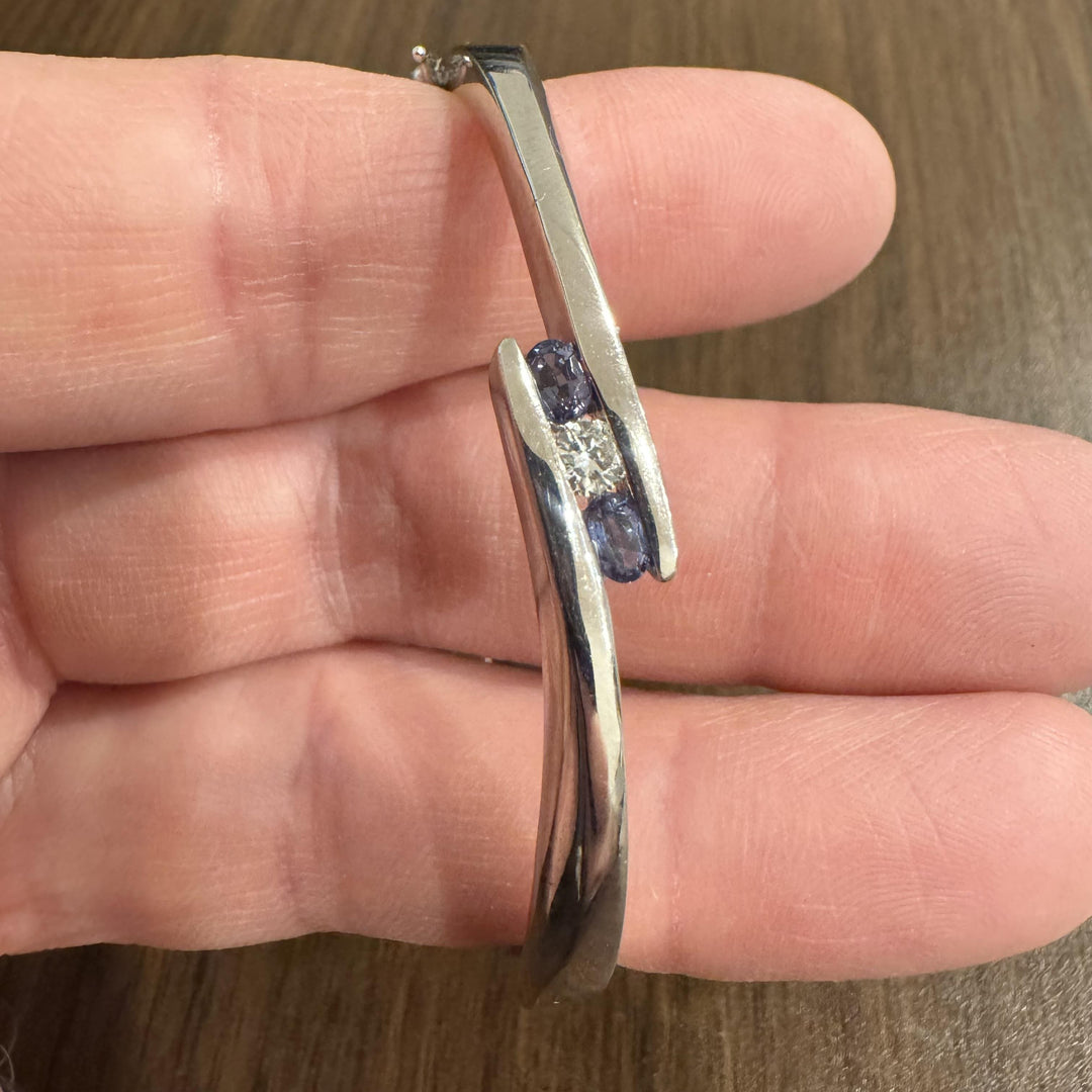 14k White Gold Iolite and Diamond 18.3g Solid Bypass Bangle Bracelet 6.75"