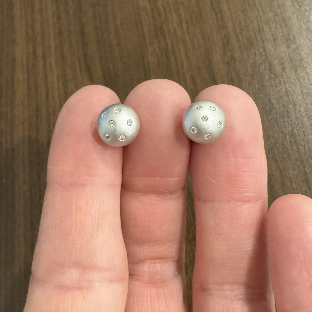 14k White Gold and Diamond Satin Finish Button Stud Earrings