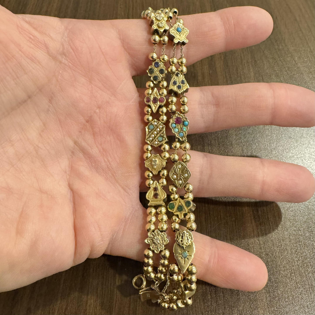 14k Yellow Gold 31g Vintage Two Strand Slide Charm Ladies Bracelet 6.75"