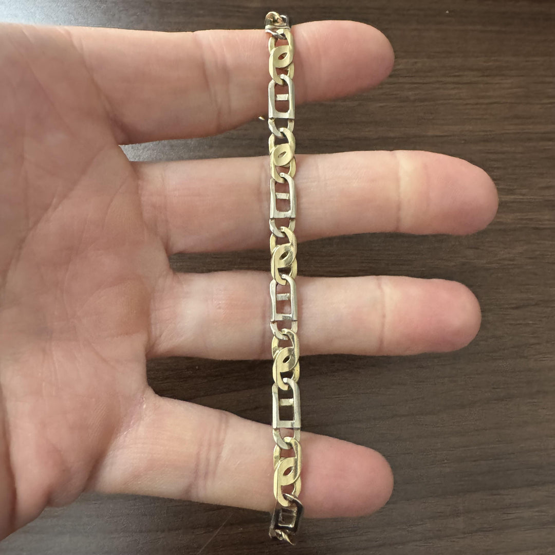 14k Yellow and White Gold 15g Two Tone 6mm Men's Fancy Link Bracelet Italy 8.25"