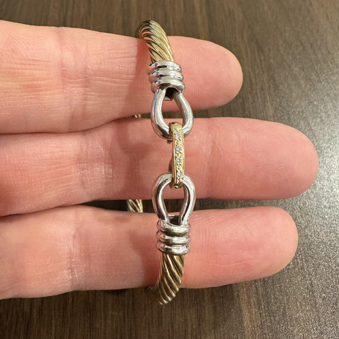 14k Yellow and White Gold 12.2g Diamond Buckle Spiral Bangle Bracelet 6.75"