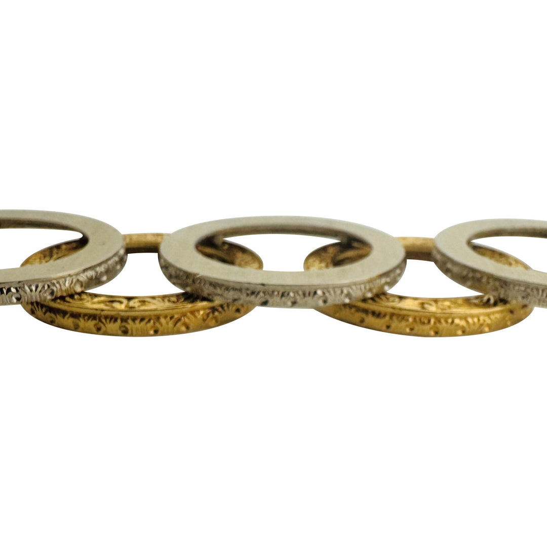 18k Yellow and White Gold 36.7g Solid Vintage Fancy Circle Link Bracelet 7.25"