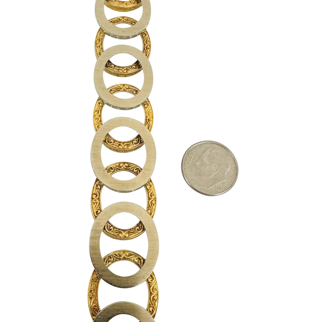 18k Yellow and White Gold 36.7g Solid Vintage Fancy Circle Link Bracelet 7.25"